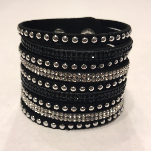 Jewelry - Black Faux Suede/Pleather Rhinestone Bracelet Cuff